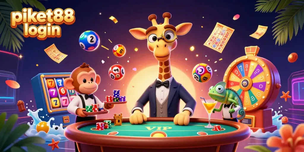 Experience the excitement of gambling with PIKET88 login, featuring vibrant characters and casino elements.