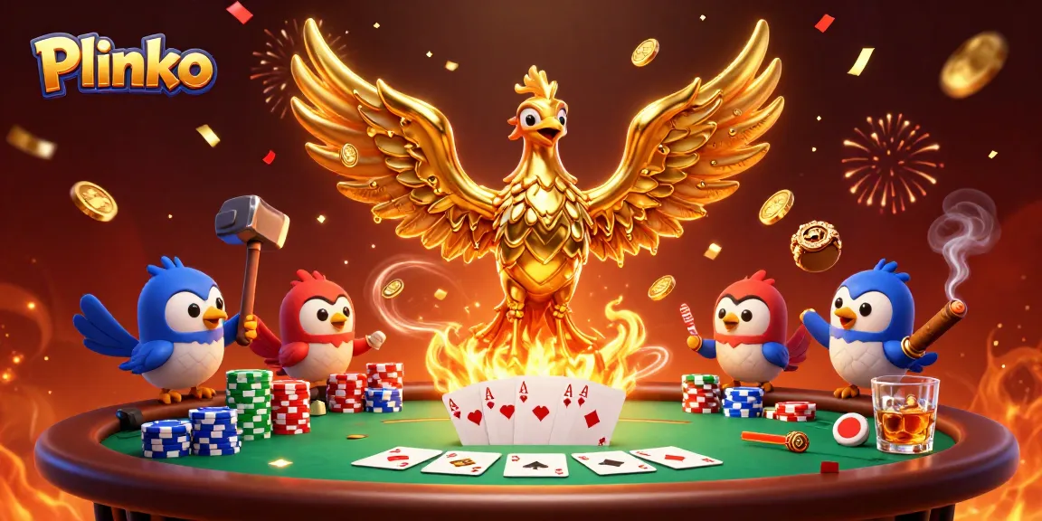 Experience vibrant Plinko action with molten gold and poker elements in a dynamic casino scene.