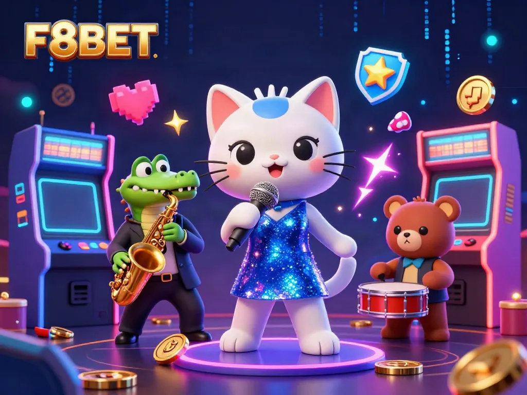 Engage with F8BET's vibrant casino experience featuring colorful characters and lively arcade gaming elements.