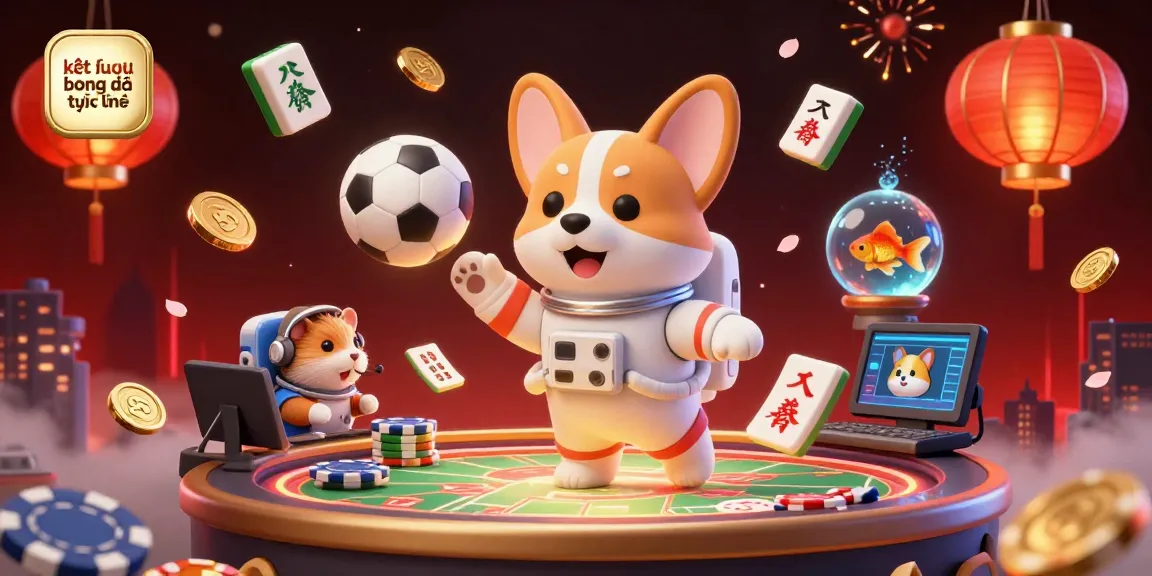Experience the excitement of kết quả bóng đá trực tuyến with this dynamic sports betting scene featuring a cartoon astronaut corgi and floating betting elements.