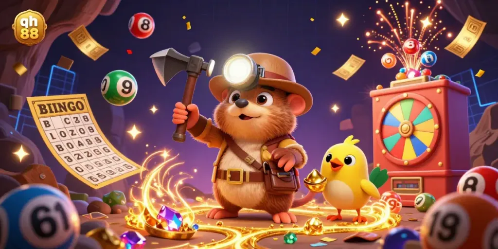 Engage with the qh 88 gaming experience, exploring vibrant treasure-themed illustrations showcasing colored lottery balls and energetic gaming elements.