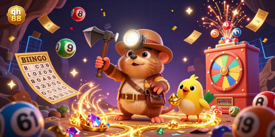 Engage with the qh 88 gaming experience, exploring vibrant treasure-themed illustrations showcasing colored lottery balls and energetic gaming elements.