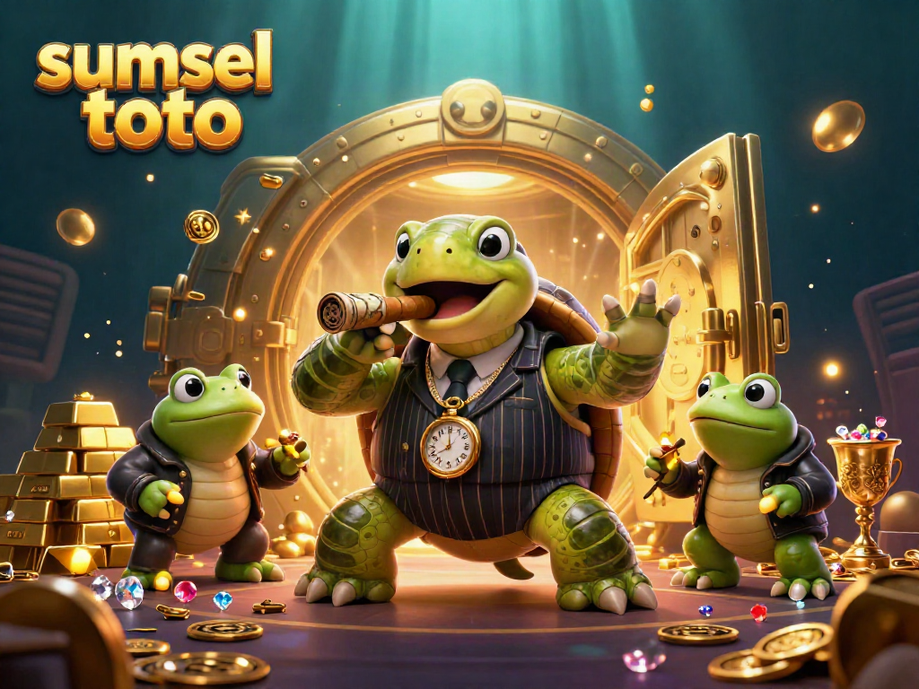 Engage with sumsel toto in this vibrant casino scene featuring a turtle mobster and frog enforcers collecting jewels.