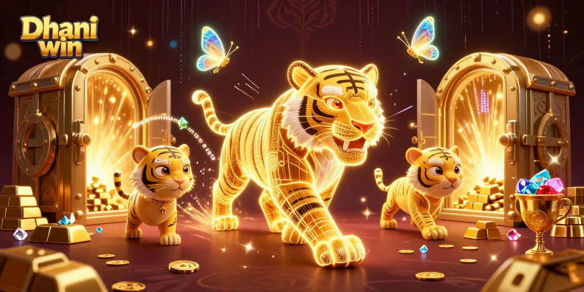 Dhani win showcases a dynamic illustration of a glowing tiger amidst dazzling casino elements, radiating excitement.