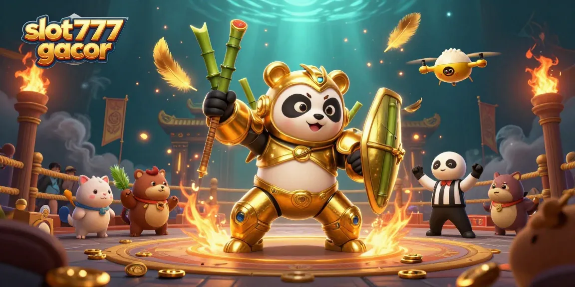 Experience slot777 gacor excitement with a dynamic arena scene featuring golden pandas and vibrant casino elements.