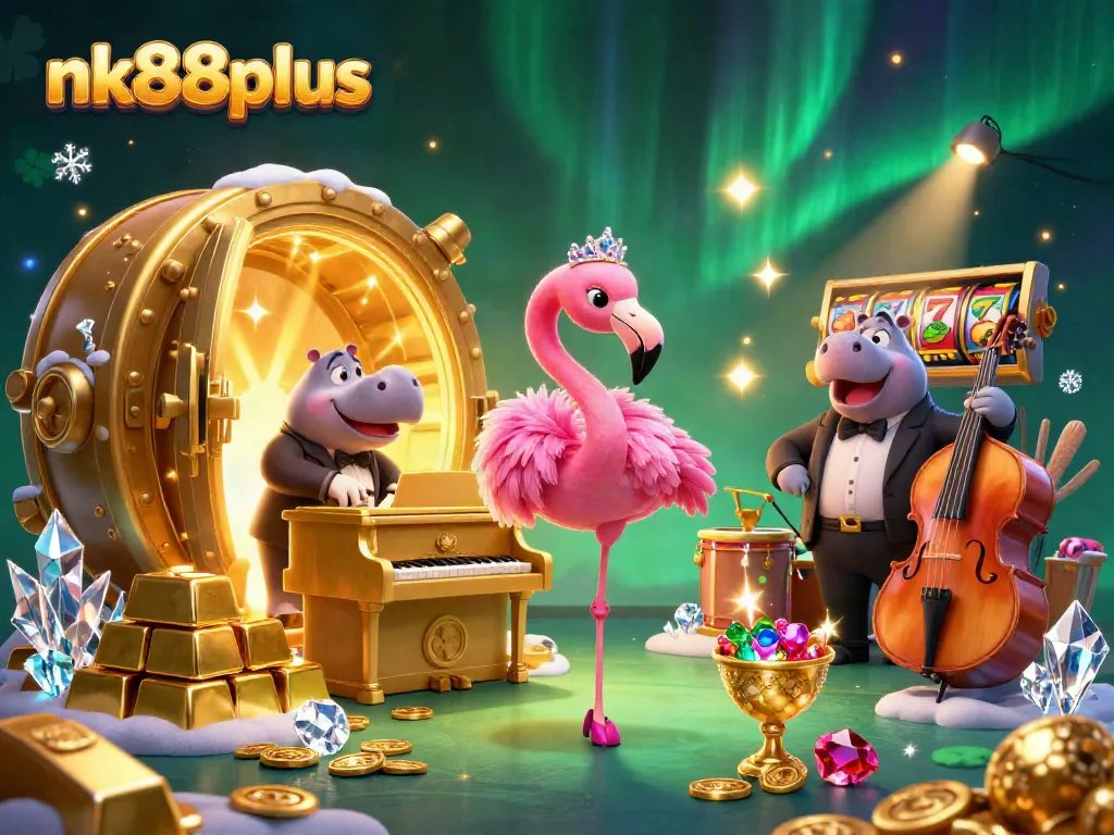 Engage with nk88plus in a vibrant casino scene featuring lively characters and sparkling treasures.