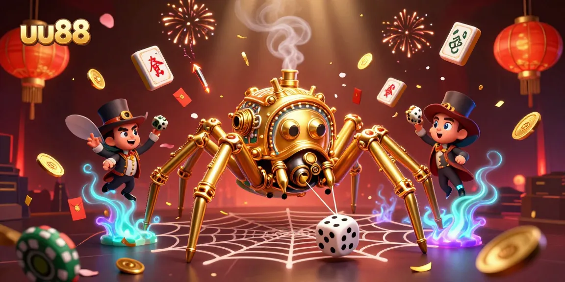 Experience thrilling gaming adventures at uu88 with a captivating 3D illustration of a golden spider catching dice and rich casino elements.