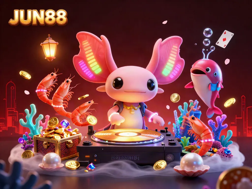 Experience thrilling wins with JUN88 at an underwater casino, featuring vibrant 3D illustrations.