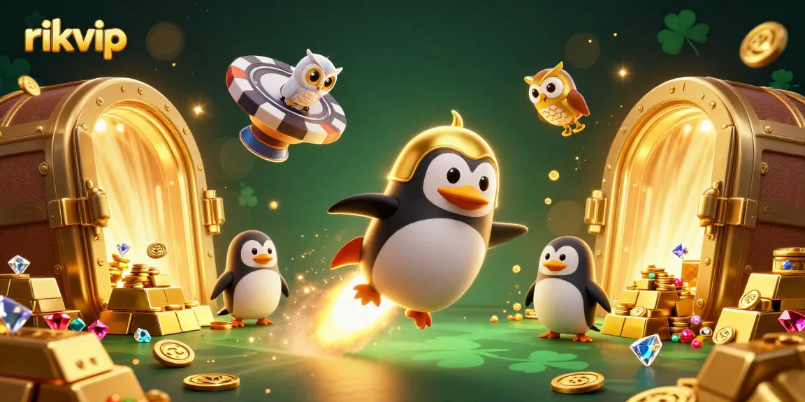 rikvip penguin launches into a vibrant casino space, surrounded by treasure and excitement.