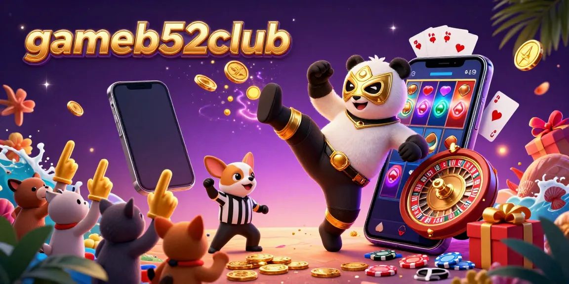 Join the thrilling action at gameb52club as a panda wrestler delivers a kick amidst colorful casino game elements.