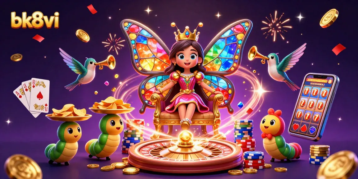 Experience exciting wins at bk8vi with a vibrant 3D casino scene filled with gaming elements.