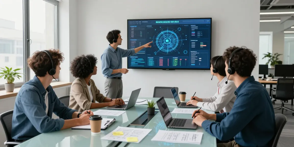 Team collaborating in a modern office showcasing IT support for small businesses with digital analytics and a dynamic atmosphere.