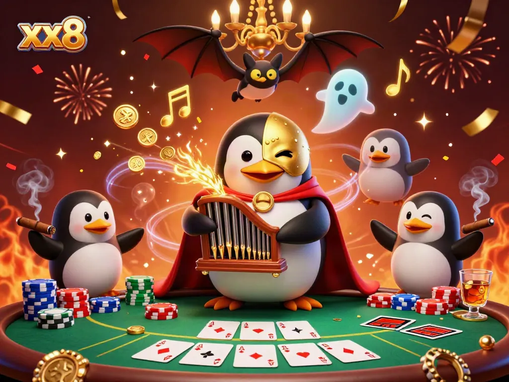 xx8 online casino: Enjoy a vibrant 3D scene with a phantom penguin and bat acrobat in action.