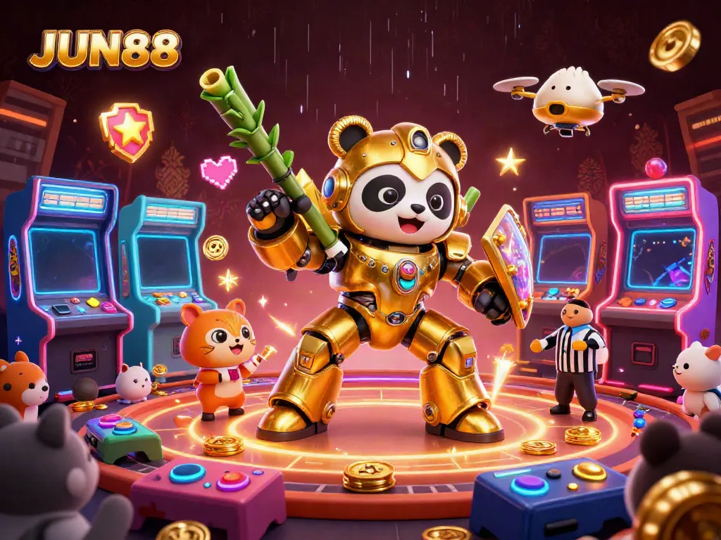 Experience the excitement of JUN88's vibrant casino arena featuring a mech-suit panda and arcade game elements.