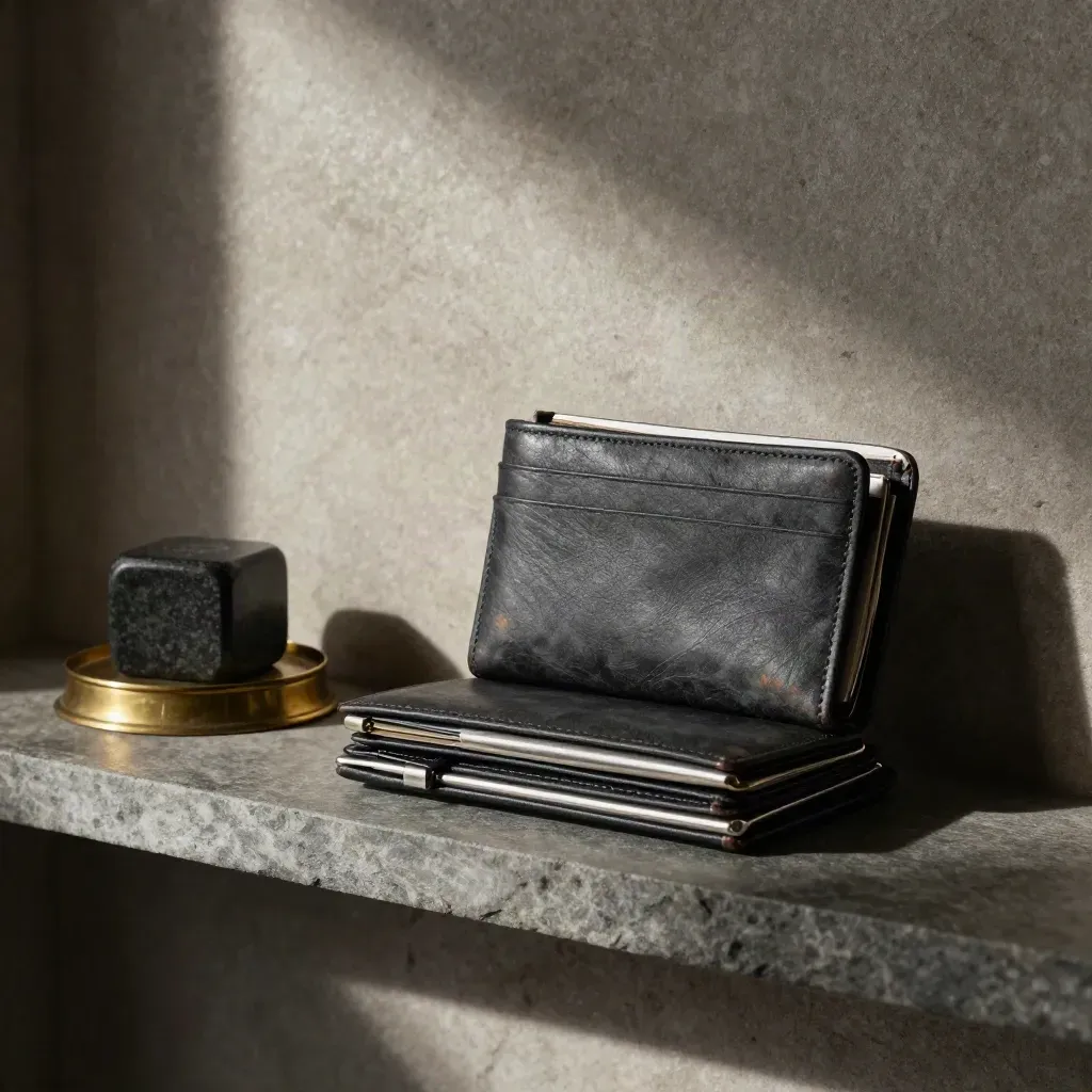 Settlement file wallets stacked beside a brass scale base in a moody legal records alcove.