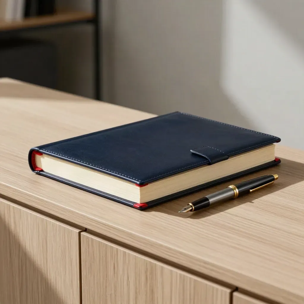 Reviewed legal papers with brass clip, pen and navy folio on pale oak