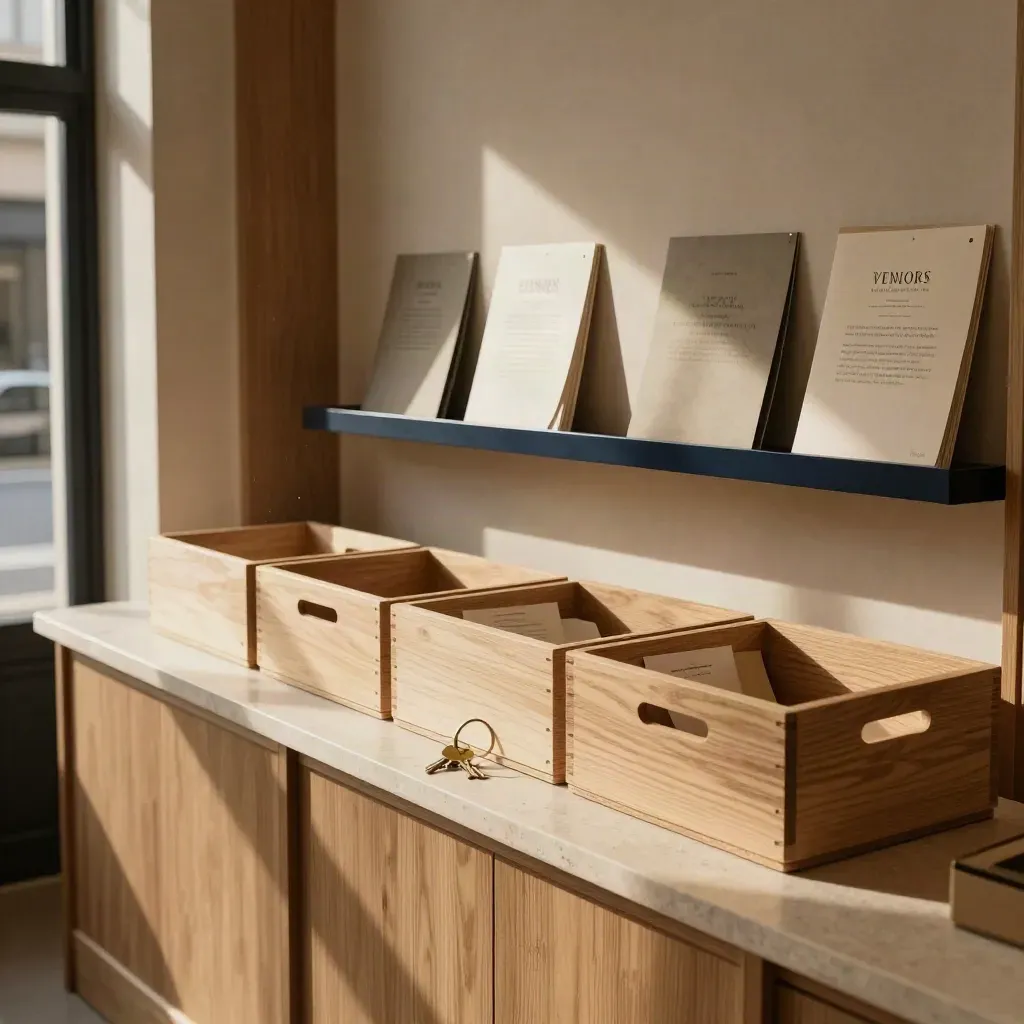 Launch-ready retail counter with sample crates, brass keys and vendor folders in warm window light.