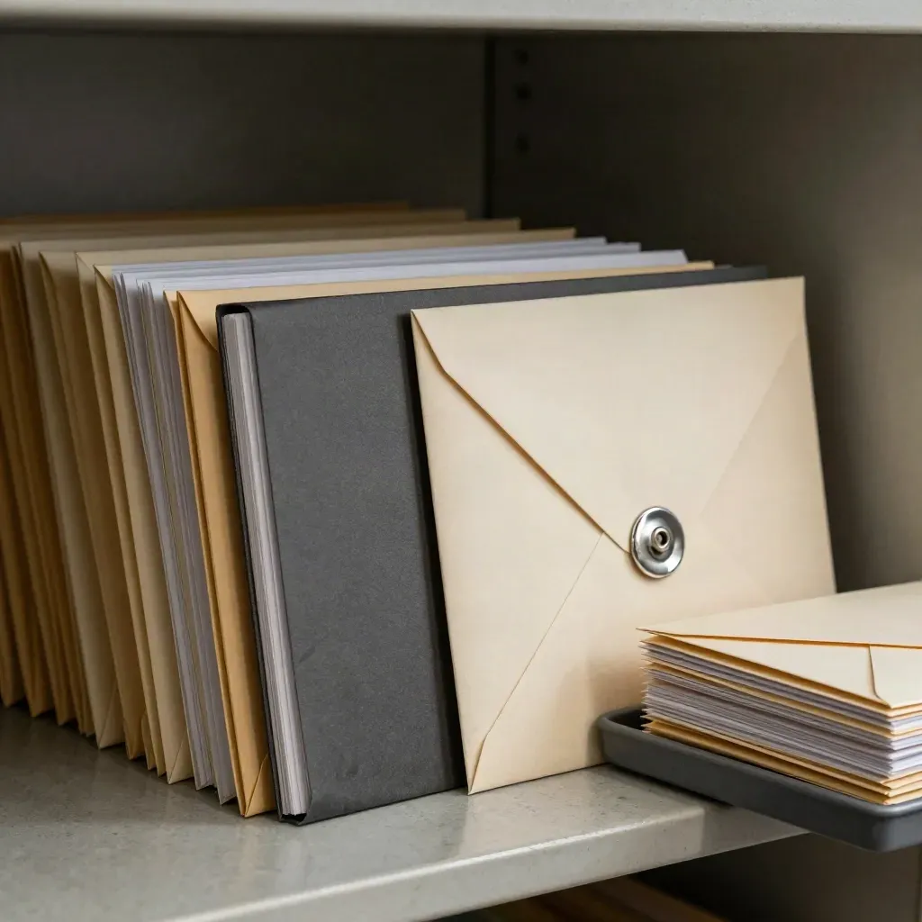 Returned envelopes and claim-prep folder on a stone shelf under soft legal-office light