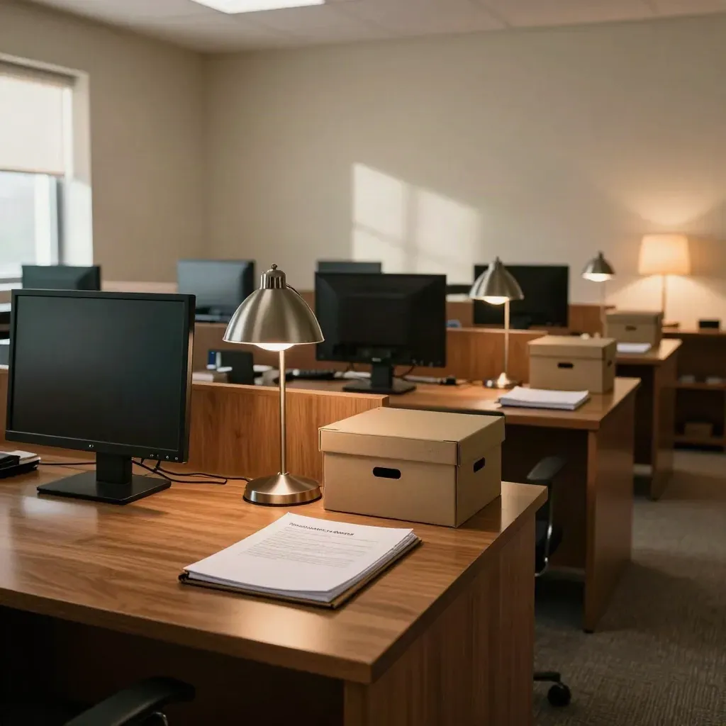 Quiet legal office with empty workstations, closed binder and storage boxes in warm light.