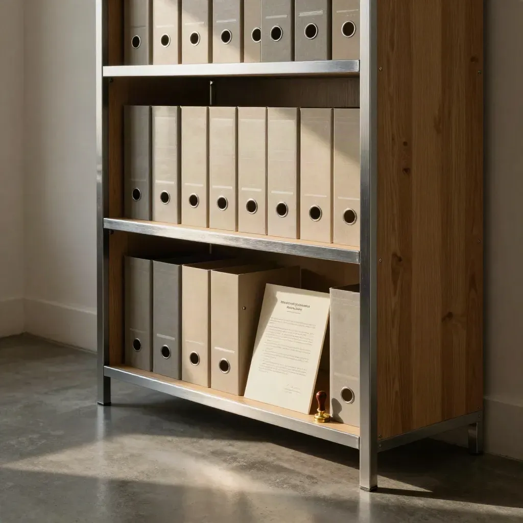Moody legal archive shelf with blank boxes, sealed company pack and brass stamp in a quiet office nook.