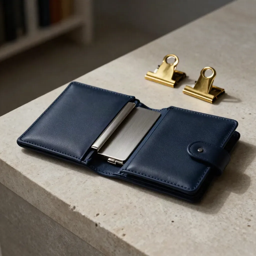 Top-down legal still-life with navy file wallets, pewter ledger box and brass clips on pale stone