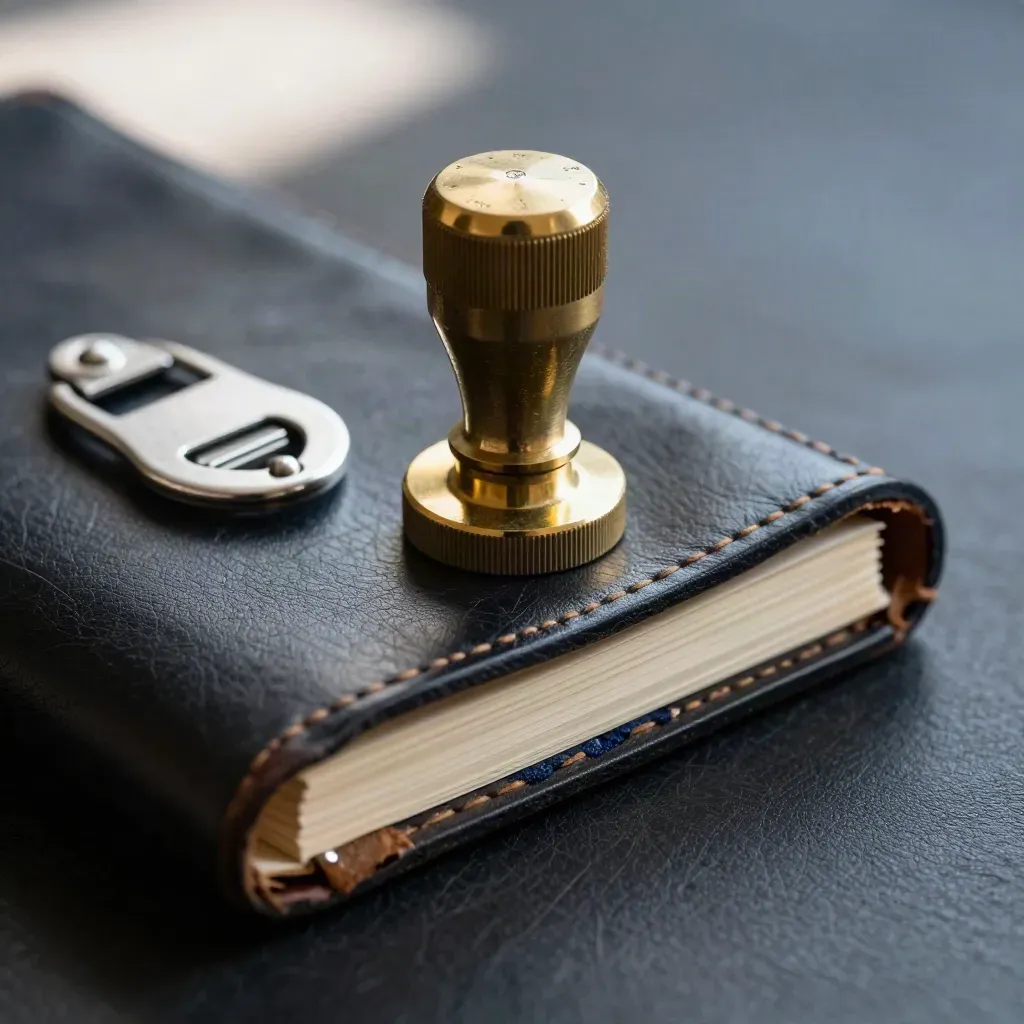Macro still life of a brass seal embosser, leather ledger spine and silver letter opener on dark leather.