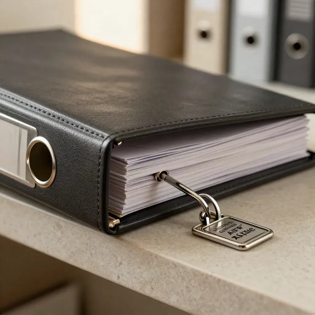 Macro of a sealed audit binder, divider rings and compliance token on brushed stone.