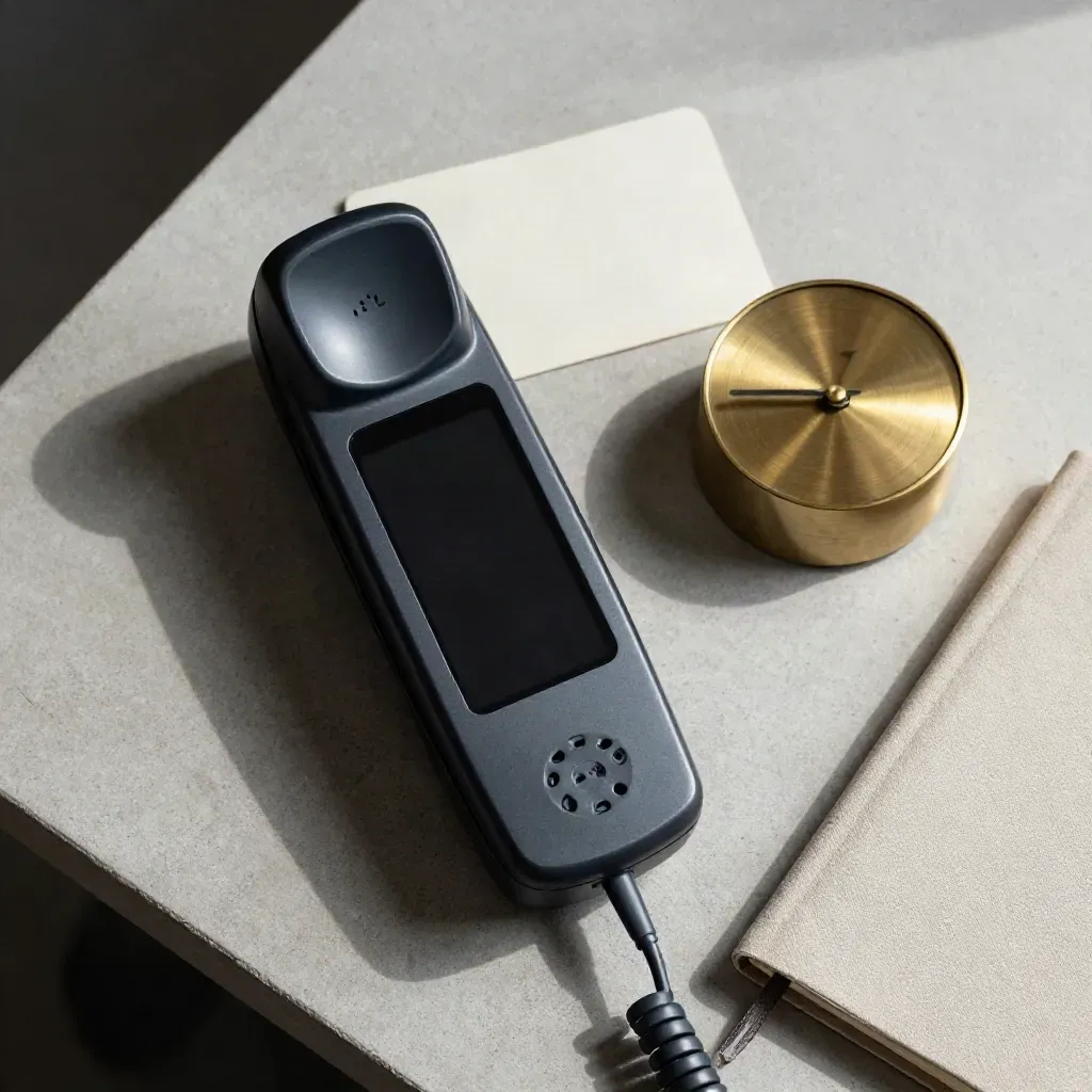 Overhead legal call booking still life with phone, brass clock, and closed notebook