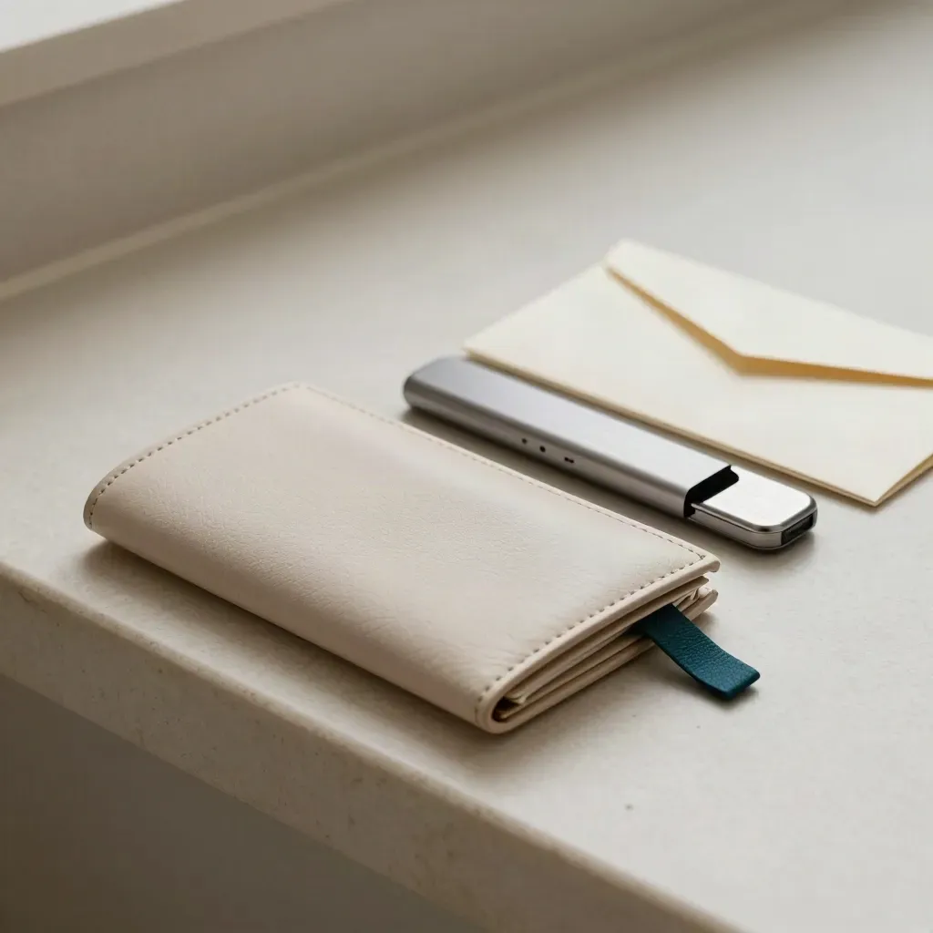 Legal document wallet, scanner tray, USB drive and sealed envelopes on a pale plaster ledge