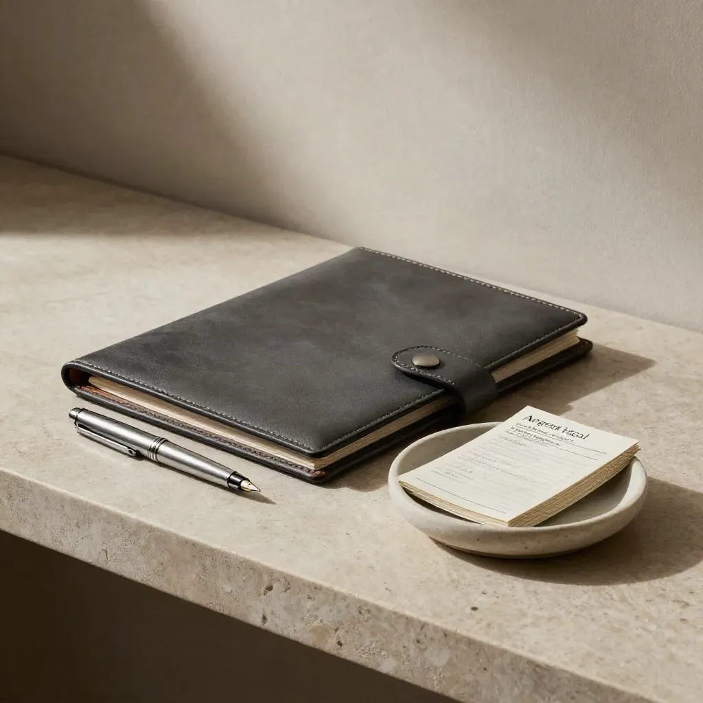 Leather review folder, pen cap and decision cards in a stone dish on a limestone shelf.
