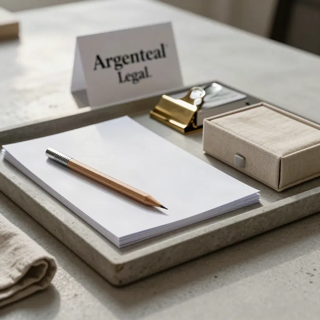Legal work tools on a stone tray with pencil, folder, brass clip and linen-lined archive box.