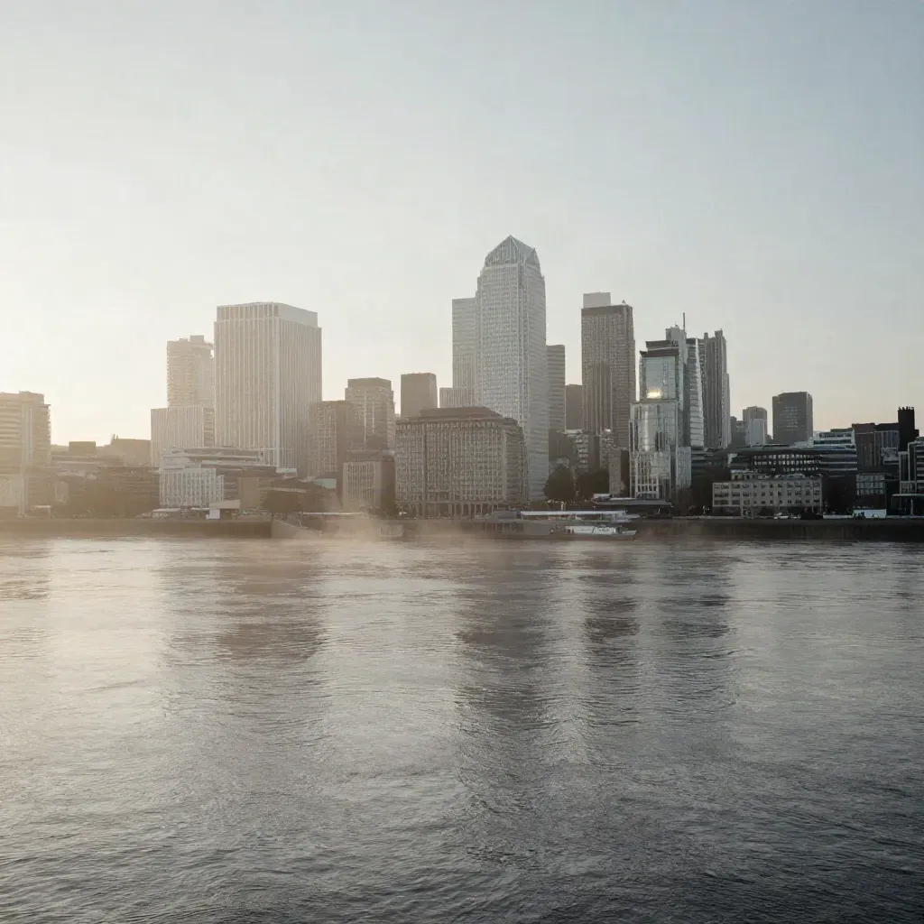 Canary Wharf and the City in dawn mist above a calm Thames.