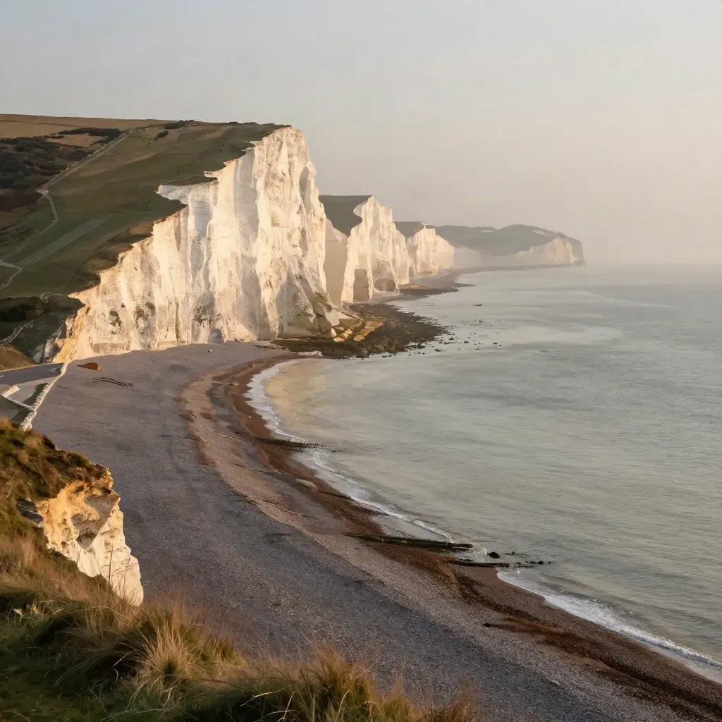 Golden chalk cliffs above a misty Channel shoreline and open shingle coast at sunrise.