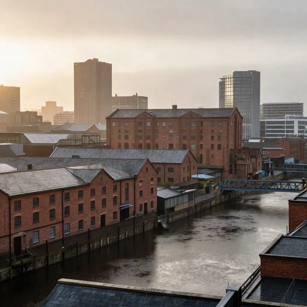 Rain-washed Manchester brick warehouses and canal basin glowing in misty dusk.