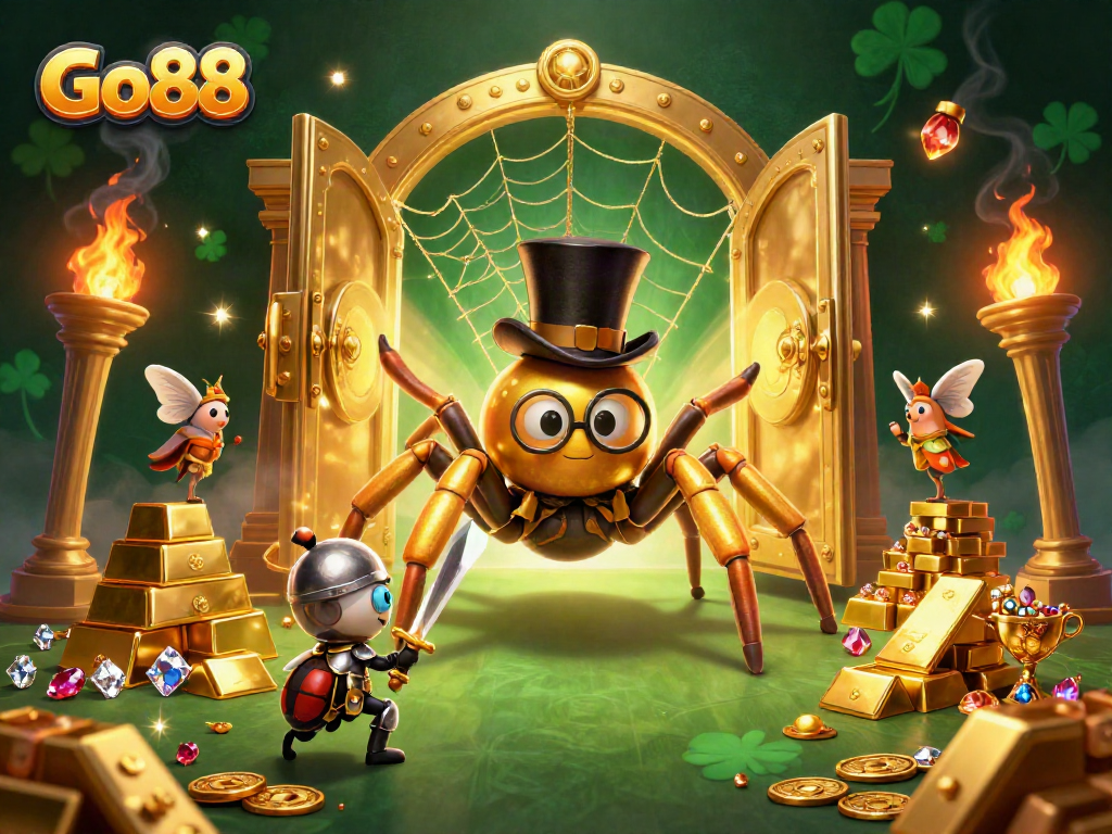 Experience the thrilling world of Go88 casino with a golden tarantula and beetle knight amidst treasure.