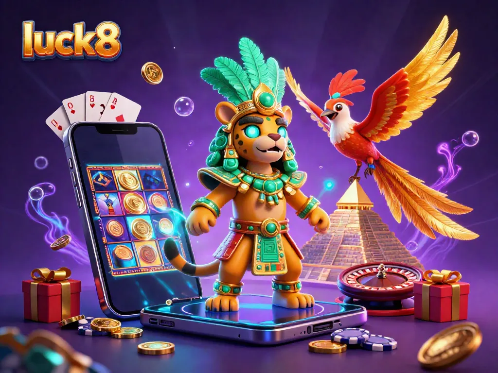 Immerse in luck8's vibrant gaming experience with ancient Mayan symbols and exciting casino elements.