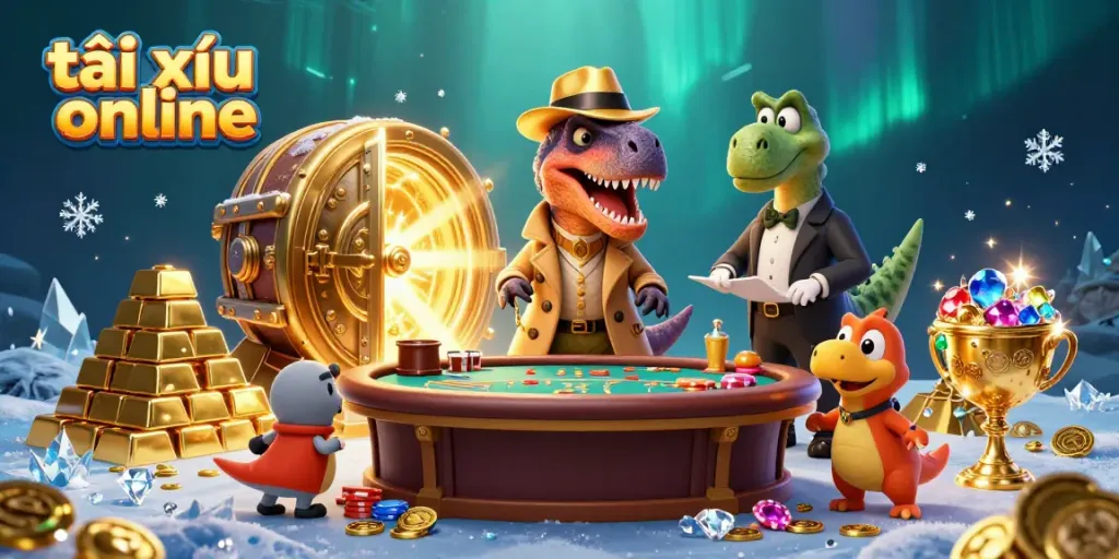 Tài xỉu online action scene with a velociraptor card counter at a blackjack table surrounded by treasure