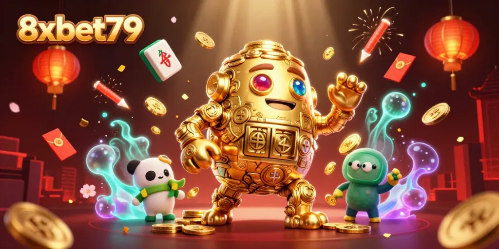 Engage with winning strategies at 8xbet79, showcasing a vibrant casino scene with gold details.