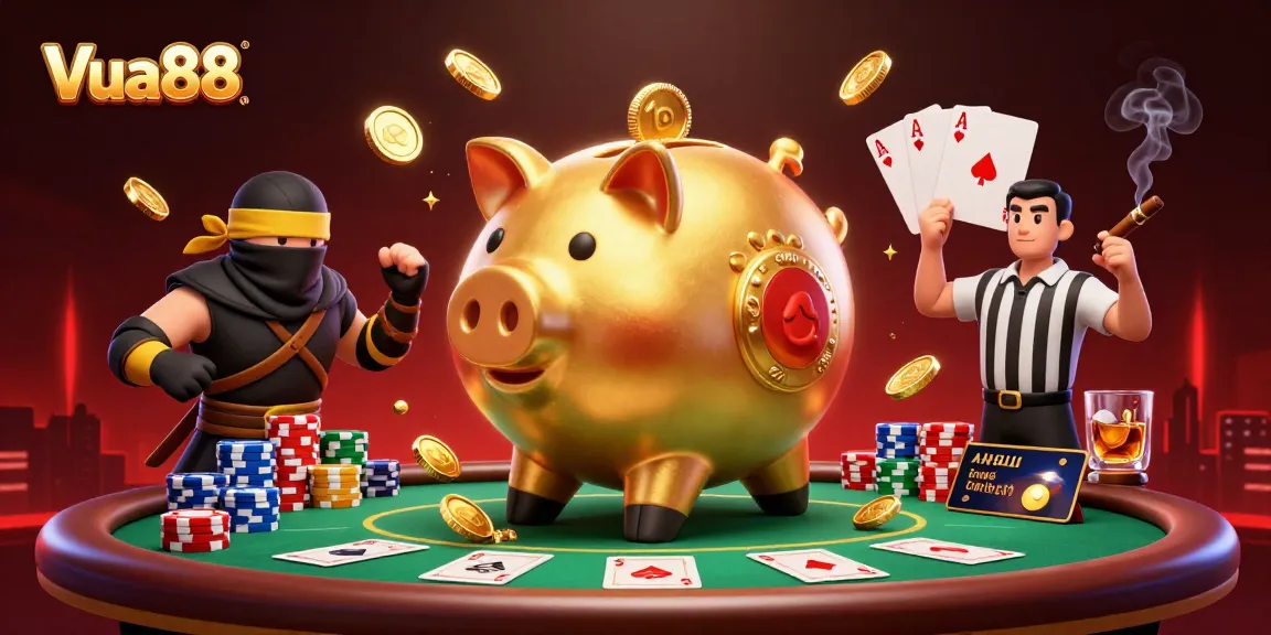 Watch Vua88's golden piggy bank sumo wrestler celebrate with golden coins in an exciting gambling scene.