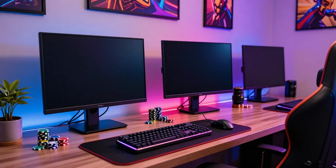 Engaging setup for non GamStop casinos UK featuring digital gaming gear and vibrant atmosphere.