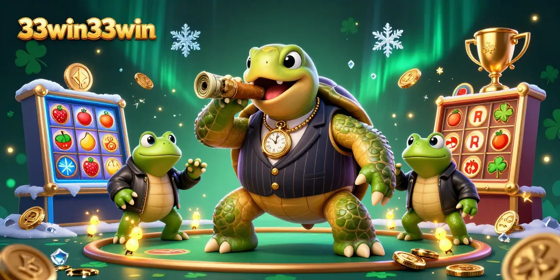 33win33win casino scene with a cartoon turtle and bullfrog enforcers, illustrating betting excitement.