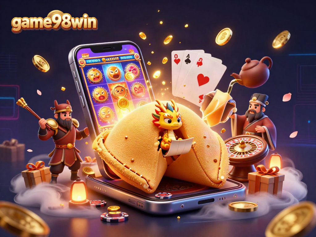 Experience thrilling gaming action at game98win with a vibrant casino illustration featuring dynamic slot game elements.