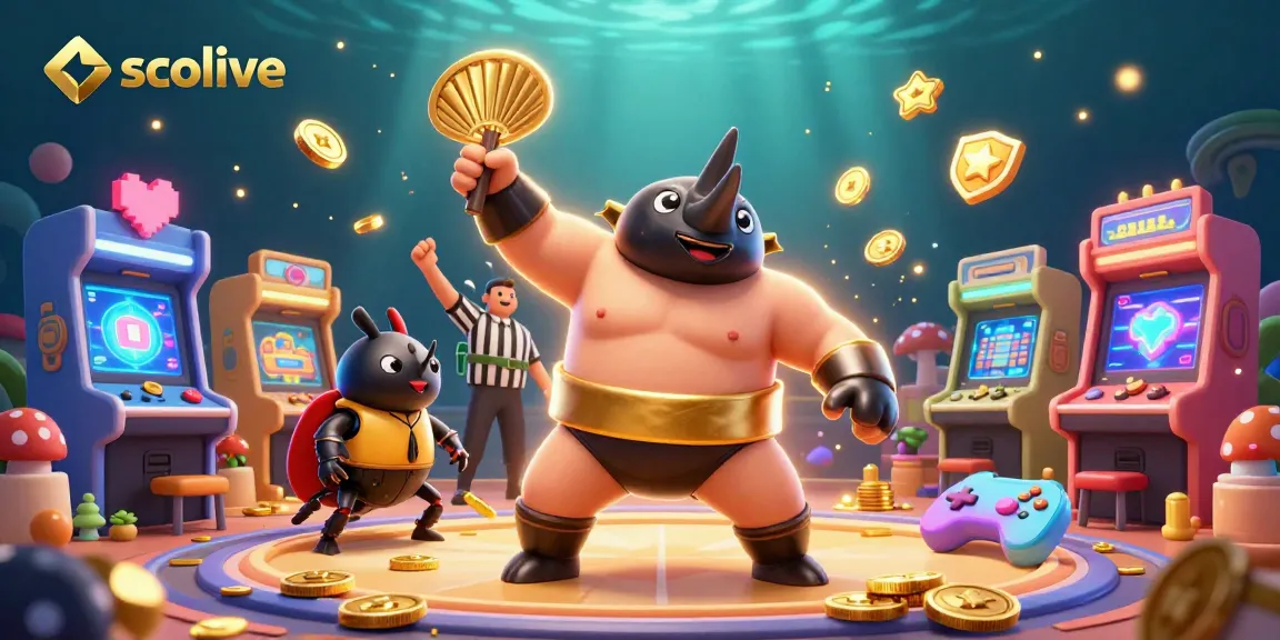 Socolive showcases a dynamic scene with a rhino beetle champion stomping coins while cricket referee oversees the fun.