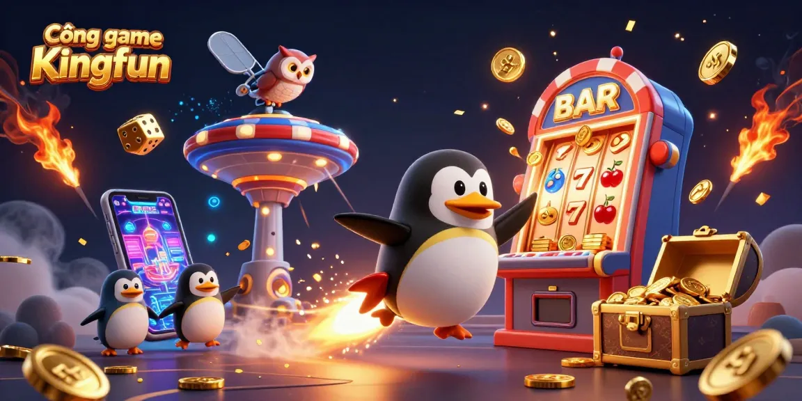 Cổng game Kingfun showcases an exhilarating scene of a penguin in a rocket, soaring towards a casino space station with jackpot excitement.
