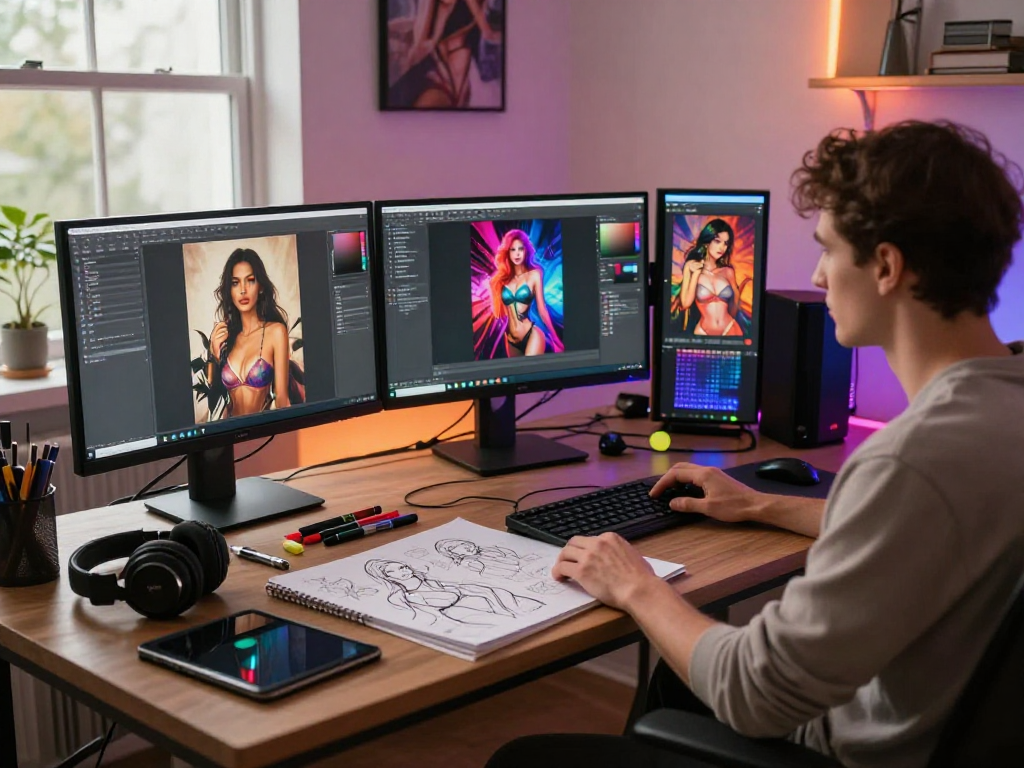 Creating NSFW AI art in a vibrant digital studio filled with sketches and art supplies.
