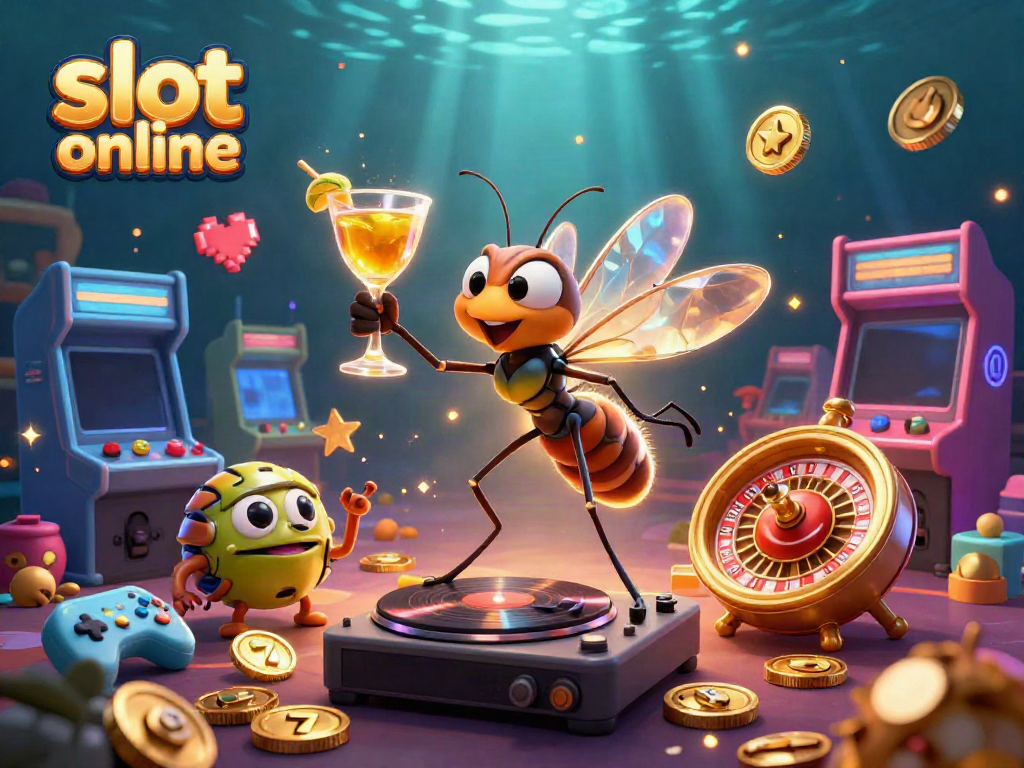 Engage with the vibrant scene of slot online featuring a unique frozen-in-amber mosquito mascot, alongside a trilobite DJ and ammonite roulette wheel.