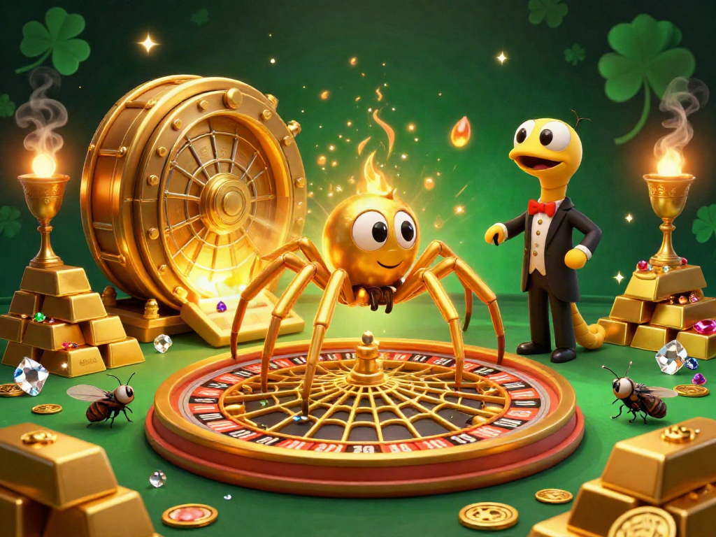 Experience the excitement of betting with 88clb as a golden spider spins a roulette wheel web, surrounded by treasures.