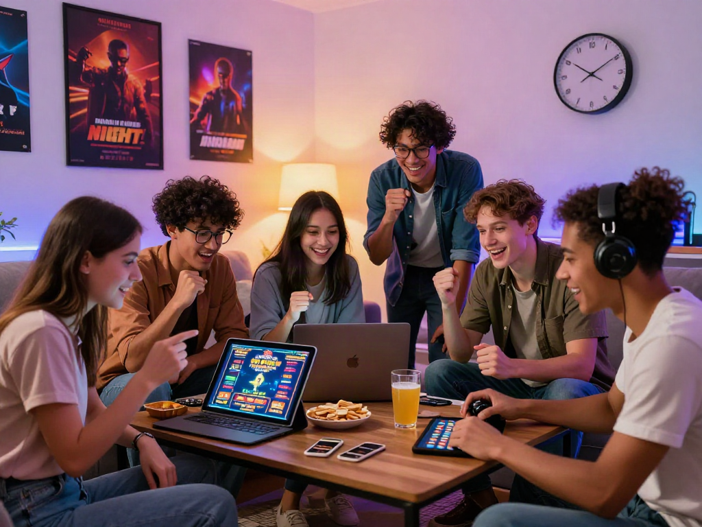 Diverse group enjoying games at non GamStop casinos UK during a lively game night.