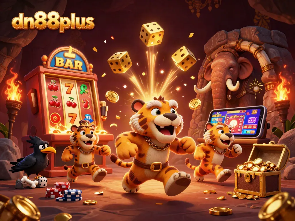 Experience the thrill of dn88plus with a vibrant casino scene featuring cartoon cavemen and exciting game dynamics.