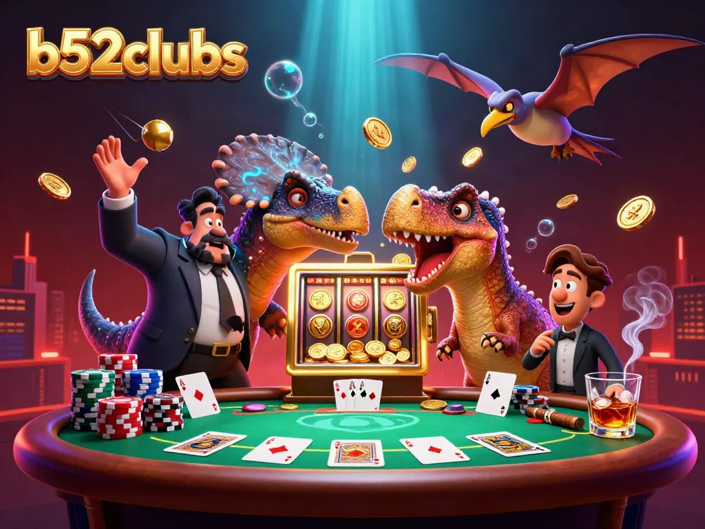 Play exciting games at b52clubs as a pachycephalosaurus triggers a jackpot with golden coins flying.